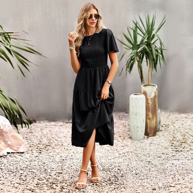 New O Neck Short Sleeve Solid Color Midi Dress