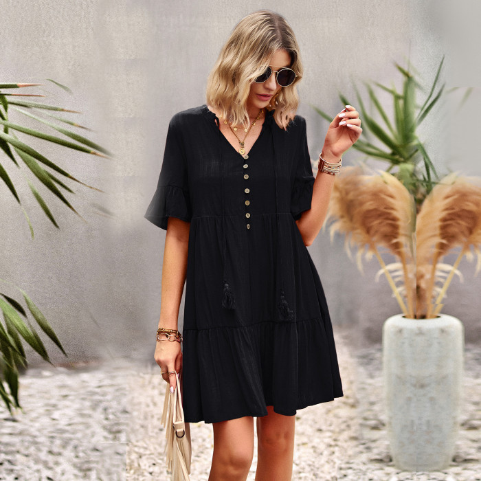 Women Loose Beach Butterfly Sleeve V Neck Ruffles Casual Dress