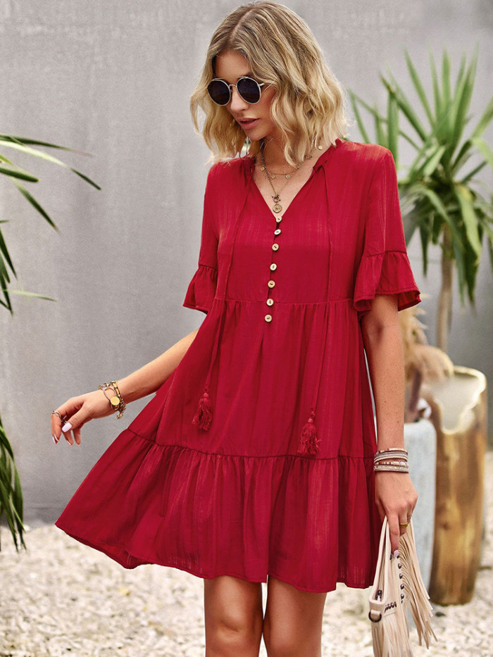 Women Loose Beach Butterfly Sleeve V Neck Ruffles Casual Dress