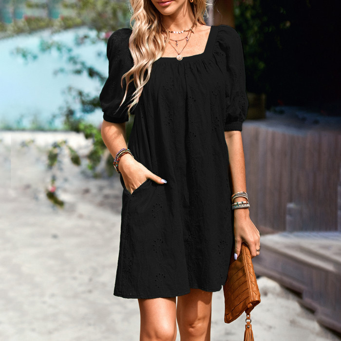 Fashion Elegant Cotton Hollow Out Loose Casual Square Collar Puff Sleeve Casual Dress