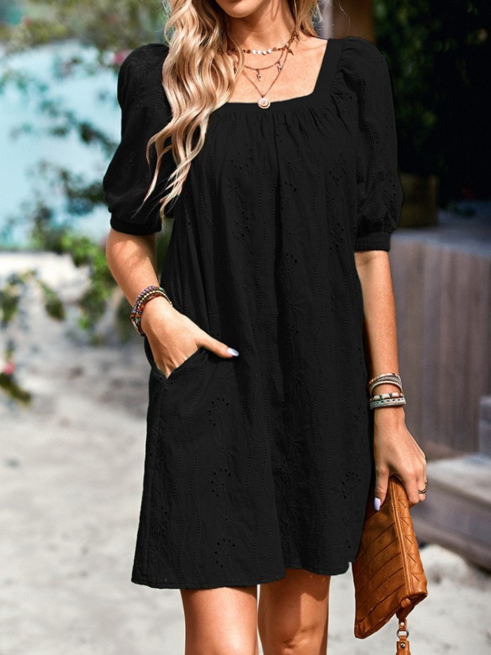 Fashion Elegant Cotton Hollow Out Loose Casual Square Collar Puff Sleeve Casual Dress