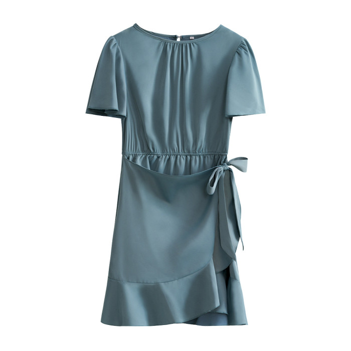 Fashion Women's Ruffle Elegant Round Neck Solid Color Mini Dress