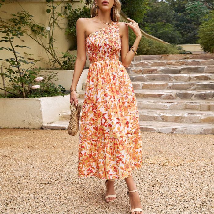 Women Elegant Skew Shoulder Printed  Fashion High Waist Floral Vacation Dress