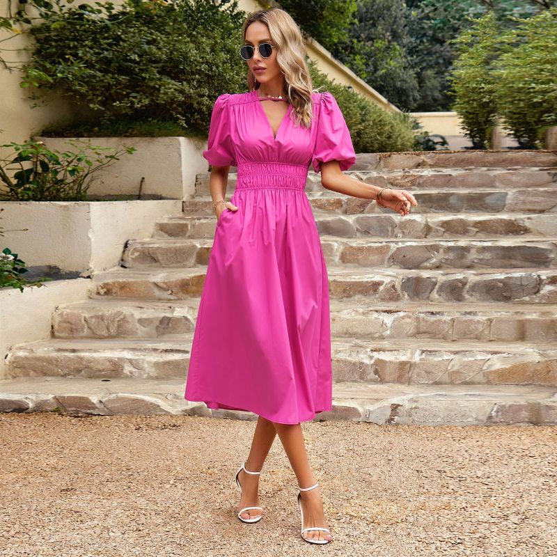 Women's V Neck Short Sleeve Solid Color Elegant Runway Pleated Midi Dress