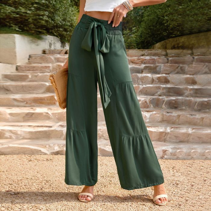 New Women Fashion Casual Loose Fitting Wide Leg Solid Color Lace Up Pants