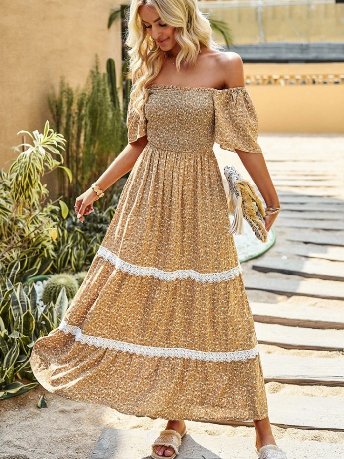 Elegant Floral Print Ruffles Square Collar Lace Vintage Vacation Dress