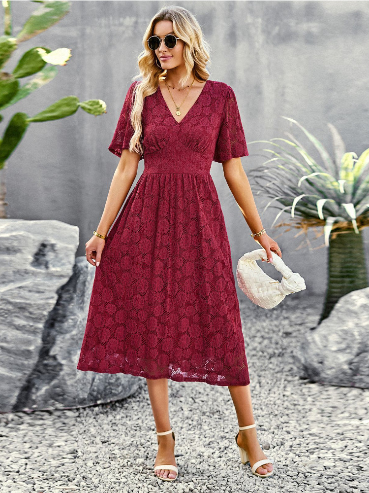 Chic Ruffle Sleeve Solid Color High Waist Commuter Midi Dress main image 0