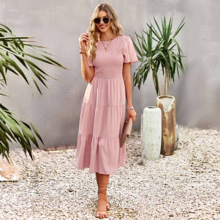 New O Neck Short Sleeve Solid Color Midi Dress