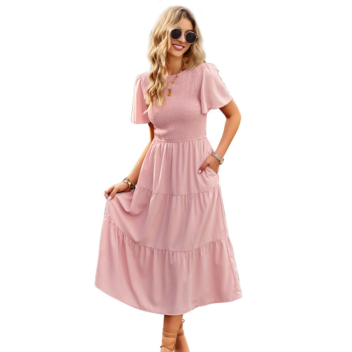 New O Neck Short Sleeve Solid Color Midi Dress