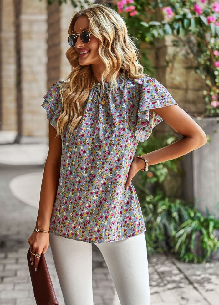 Women's Loose Casual Top Hot Sale Floral Round Neck Shirt Women Floral Shirt Top