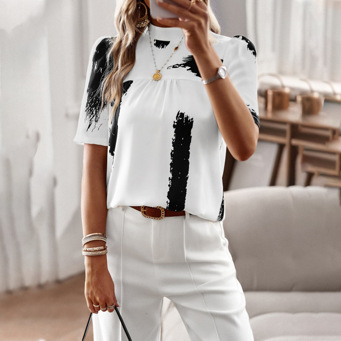 Women's Fashion Casual O-neck Short Sleeve Print Blouse