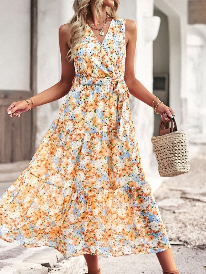 Vintage Floral Print Sleeveless Elegant V-neck Ruffles Vacation Dress