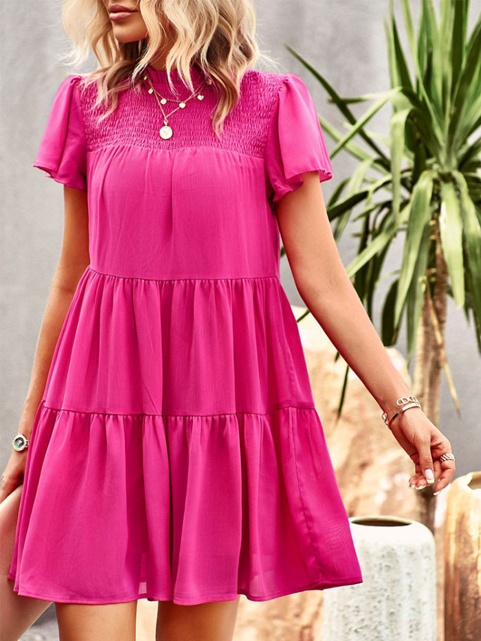 Women Stand Collar Short Sleeve Solid Color Casual Loose Chiffon Holiday Casual Dress