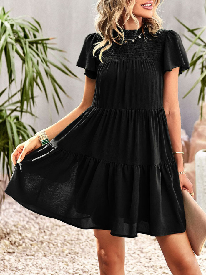 Women Stand Collar Short Sleeve Solid Color Casual Loose Chiffon Holiday Casual Dress