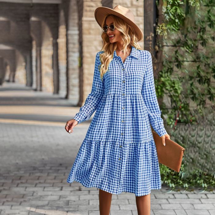 New Women Long Sleeve V Collar Plaid Stripes Casual Dress