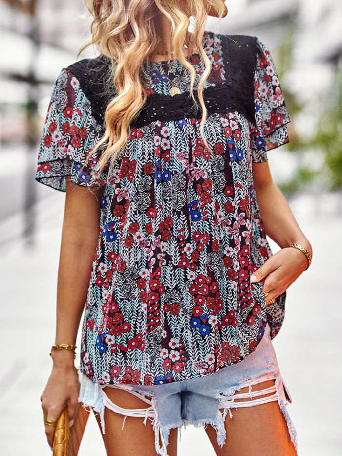 Floral Boho Vintage Chiffon O-neck Summer Casual Blouse