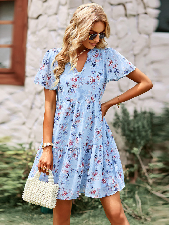 Women Fashion Print Sexy V-neck Small Floral Casual Dress