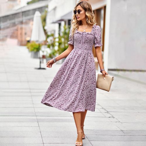 New Floral Square Collar Short Sleeve Casual Elegant Dress