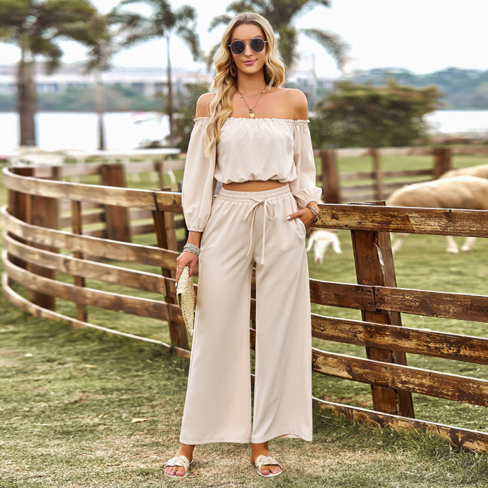 Solid Color Temperament Bandeau Top Wide Leg Trousers Fashion Two-piece Outfits