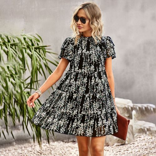 Women Fashion Bohemian Print O Neck Short Sleeve Loose Floral Mini Dress