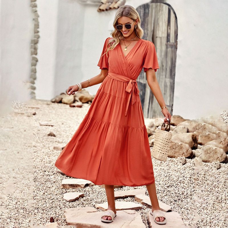 Women Elegant V Neck Short Sleeve Solid Color Pleated Midi Dress