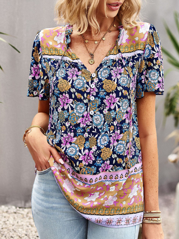 Boho Floral Printed Vintage V-neck Casual Shirt