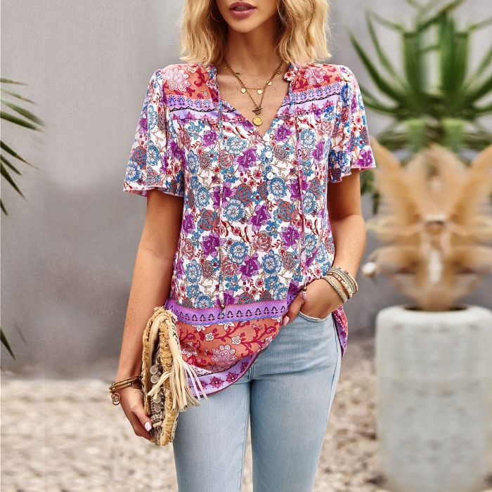 Boho Floral Printed Vintage V-neck Casual Shirt