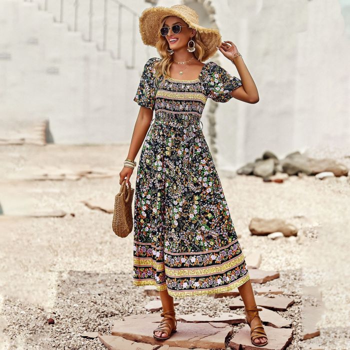 Women's Casual Vintage Bohemian Elegant Square Collar Short Sleeve Floral Print Vacation Dress