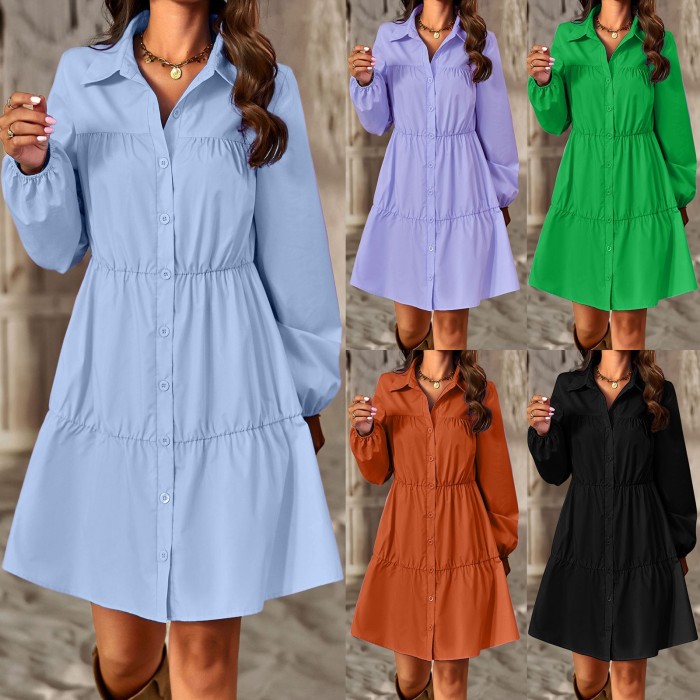 Women Elegant Pleated Long Sleeve Casual Ruffles Casual Dress