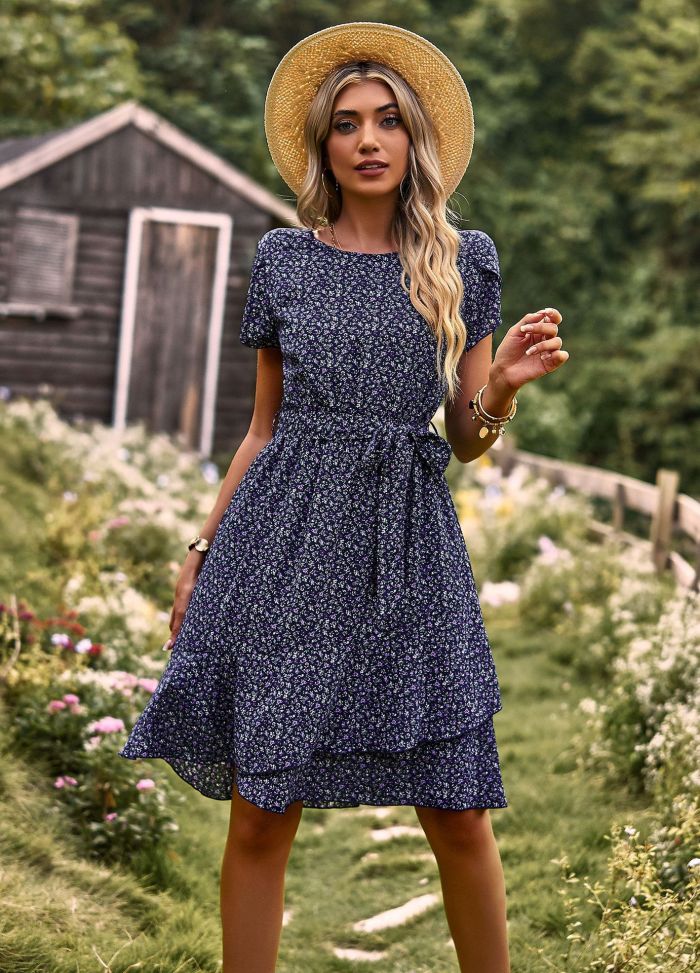 Crewneck Floral Lace-up Waist Casual Dress