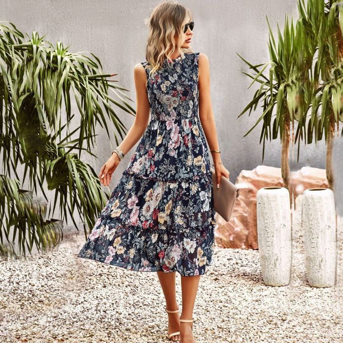 Women Spring Summer Floral Casual O Neck Pleated A Line Printed Midi Dress