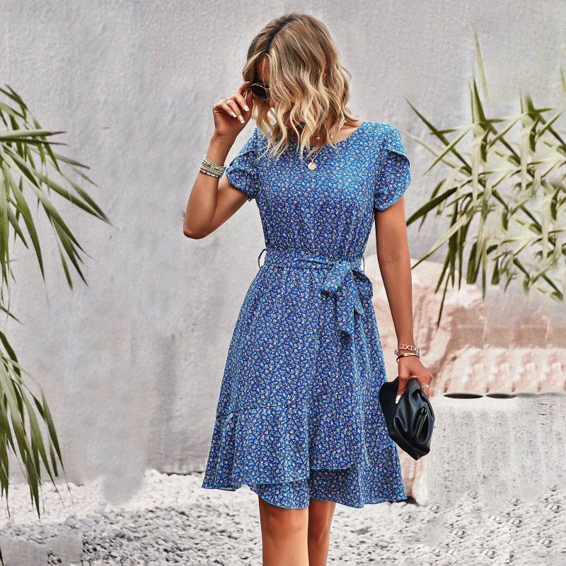 Crewneck Floral Lace-up Waist Casual Dress