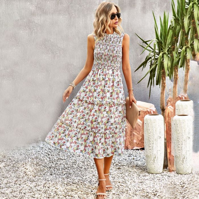 Women Spring Summer Floral Casual O Neck Pleated A Line Printed Midi Dress