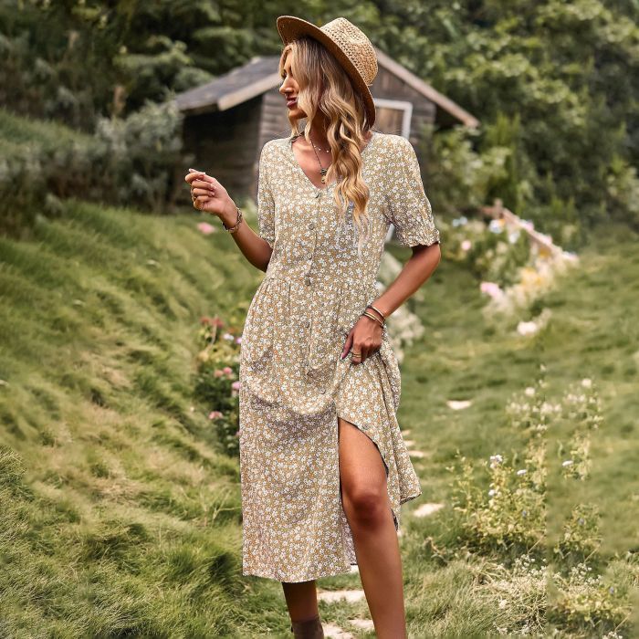 Woman Fashion Chic Elegant Print Vintage Short Sleeve Bohemia Midi Dress