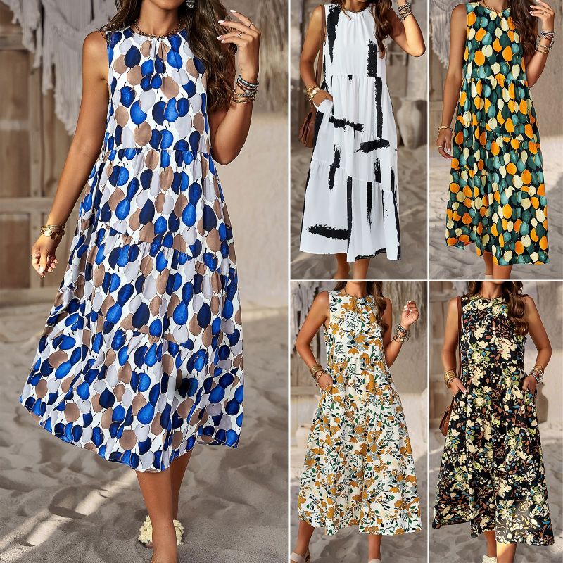 Women Sweet Elegant O Neck Loose Fashion Print Floral Midi Dress