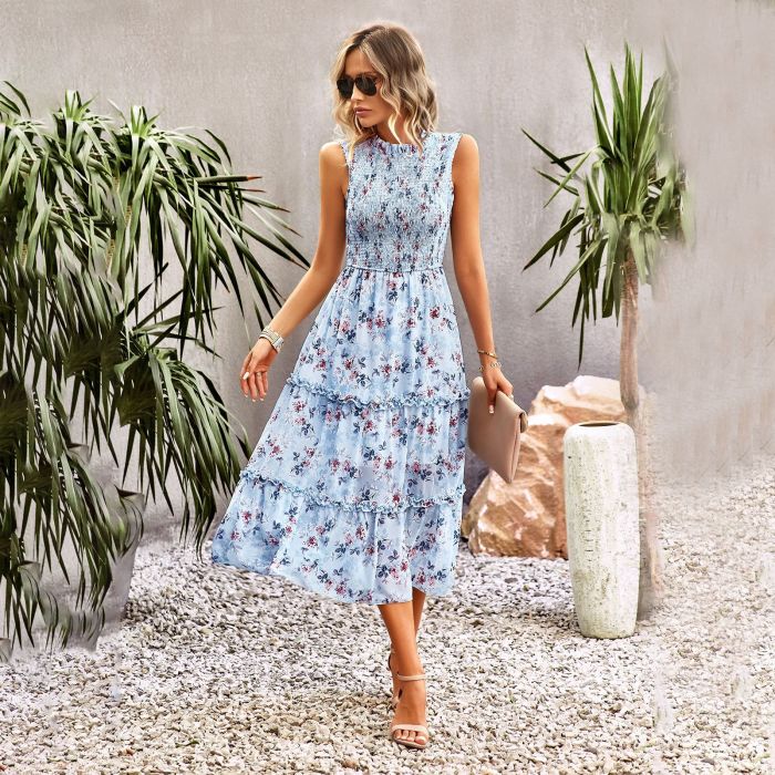 Women Spring Summer Floral Casual O Neck Pleated A Line Printed Midi Dress