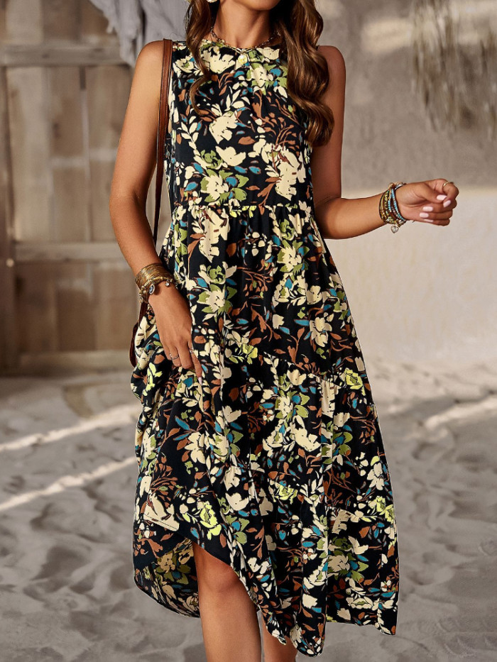 Women Sweet Elegant O Neck Loose Fashion Print Floral Midi Dress