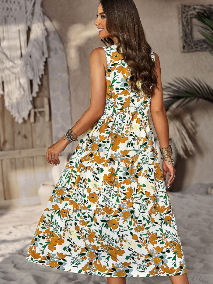Women Sweet Elegant O Neck Loose Fashion Print Floral Midi Dress