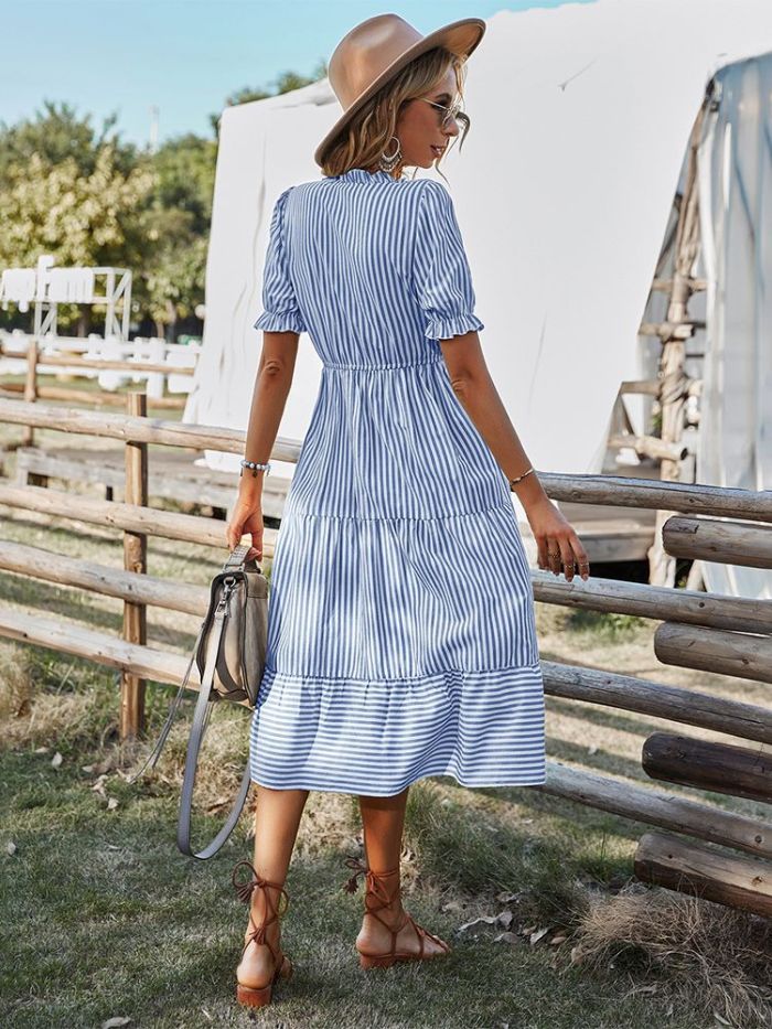 Women Summer Striped Puff Sleeve V-neck Ruffles Midi Dress