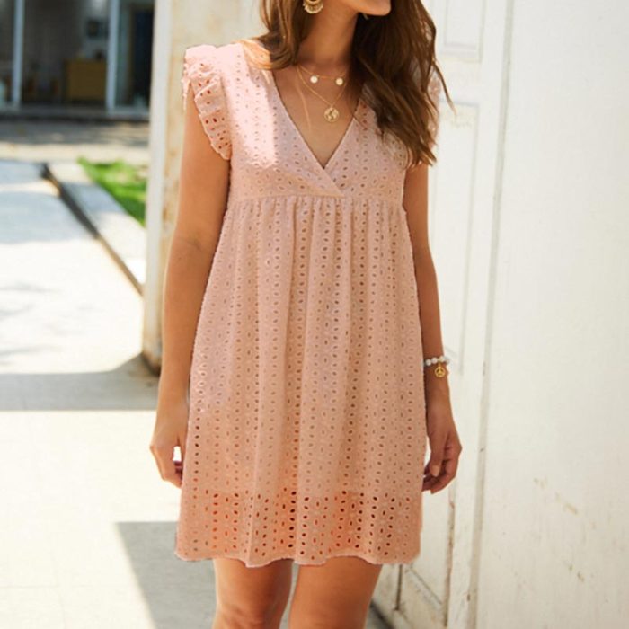 Sexy V Neck Lace Short Ruffle Sleeve Hollow Out Mini Dress