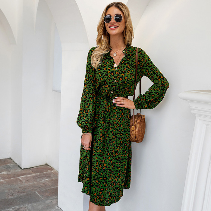 Women's Leopard Print Long-Sleeved V-Neck Casual Midi Dress