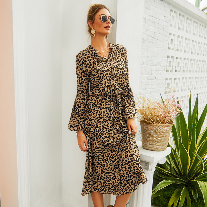 Women's Leopard Print Long-Sleeved V-Neck Casual Midi Dress