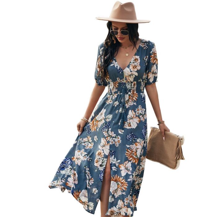 Women Boho Print Sexy V-Neck Floral Casual Loose Party Elegant Split Maxi Dress