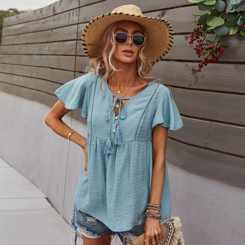 Women Casual Butterfly Sleeve Vintage V Neck Tassel Loose Blouse