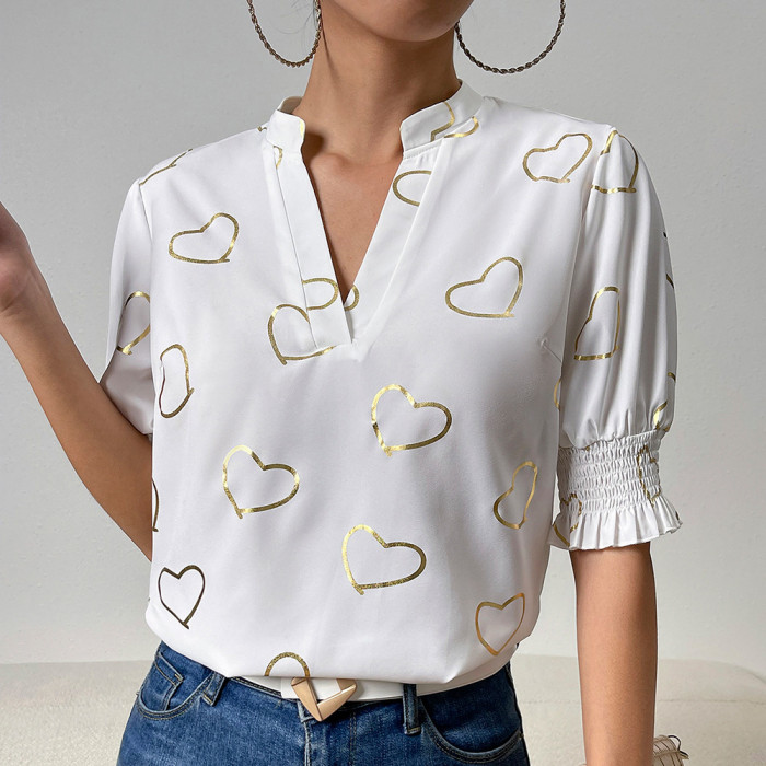 Women's Summer Fashion V-neck Love Print Top Short-sleeved Shirt