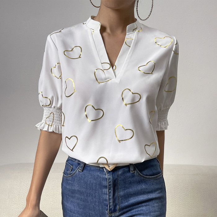 Women's Summer Fashion V-neck Love Print Top Short-sleeved Shirt
