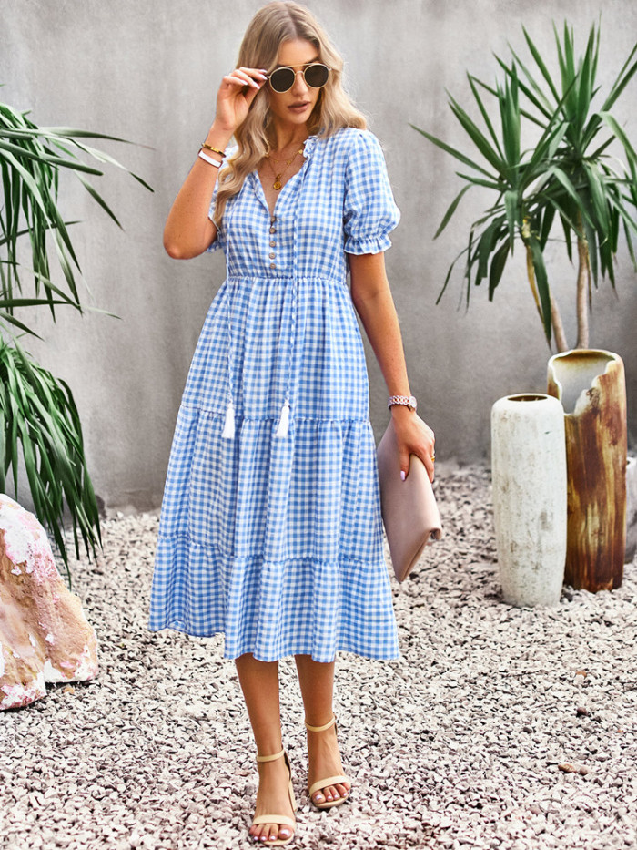 Women Vintage  Plaid Casual Puff Sleeve V-Neck Elegant Loose Midi Dress