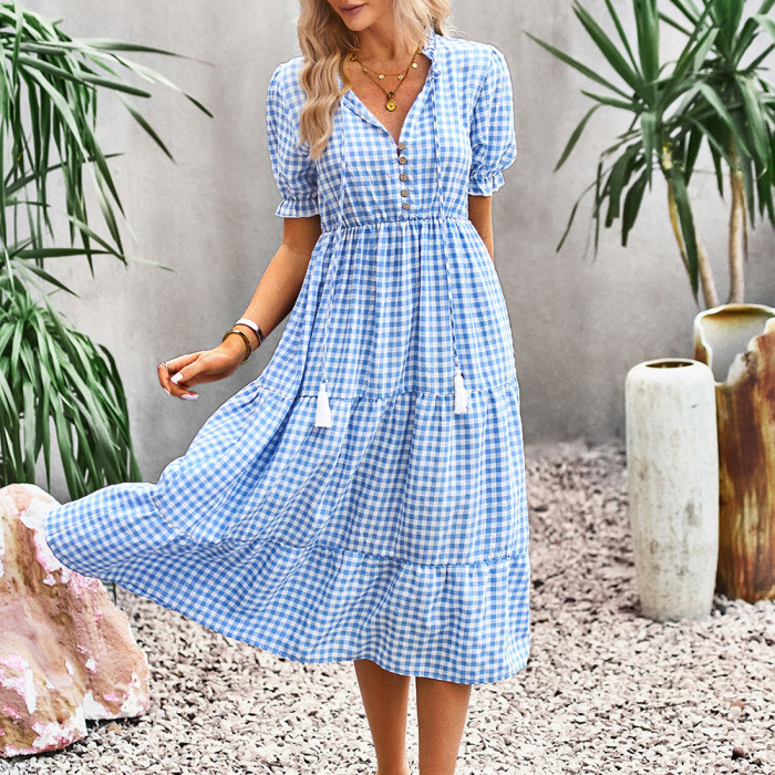 Women Vintage  Plaid Casual Puff Sleeve V-Neck Elegant Loose Midi Dress