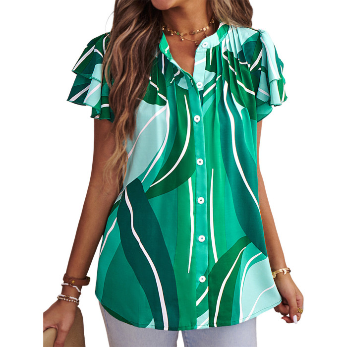 Women's Summer Color Contrast Print Short Sleeve Top Shirt
