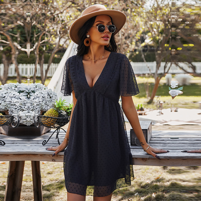 Women Fashion Loose Spring Summer Sexy V Neck High Waist Jacquard Short Sleeve Casual Dress